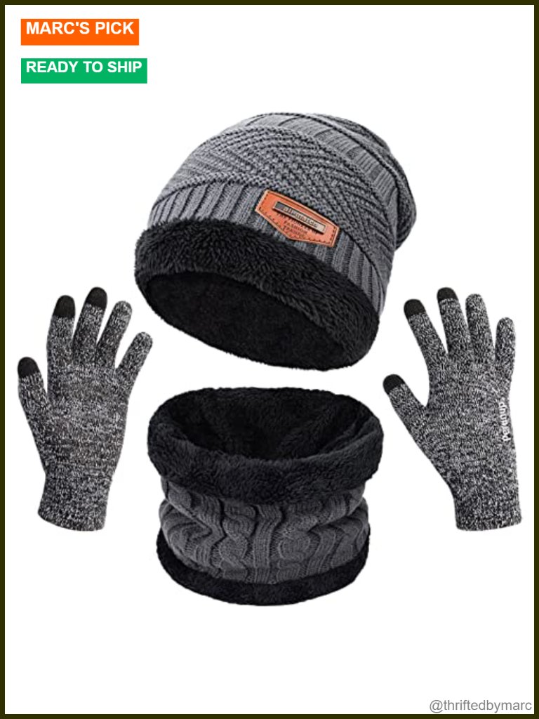 Winter Beanie Hat Scarf Touchscreen Gloves Set 3 Pcs Fleece Lined